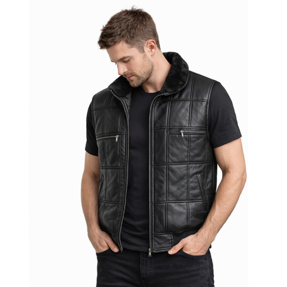 Hakiki Deri Kürklü Yakalı Siyah Yelek