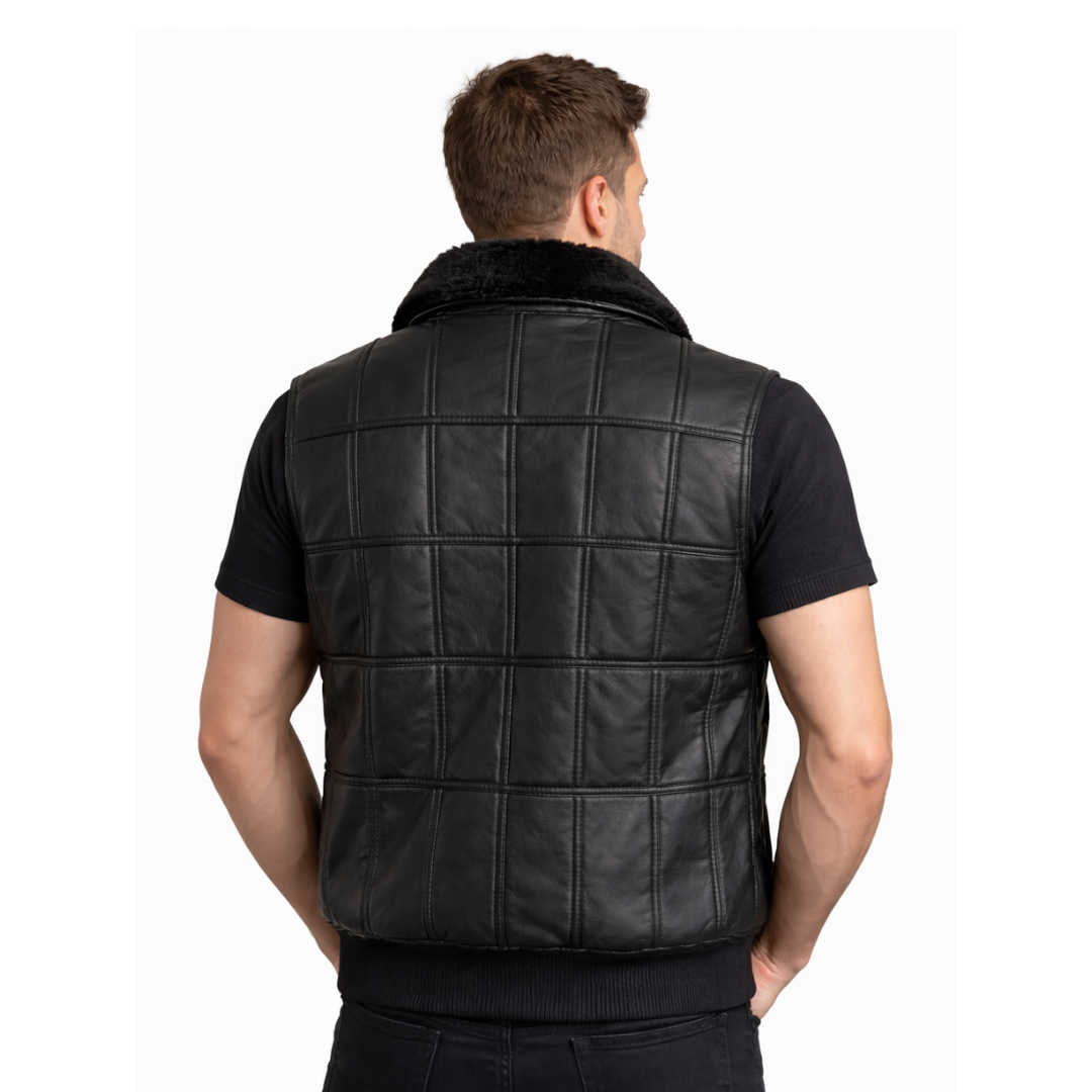 Hakiki Deri Kürklü Yakalı Siyah Yelek