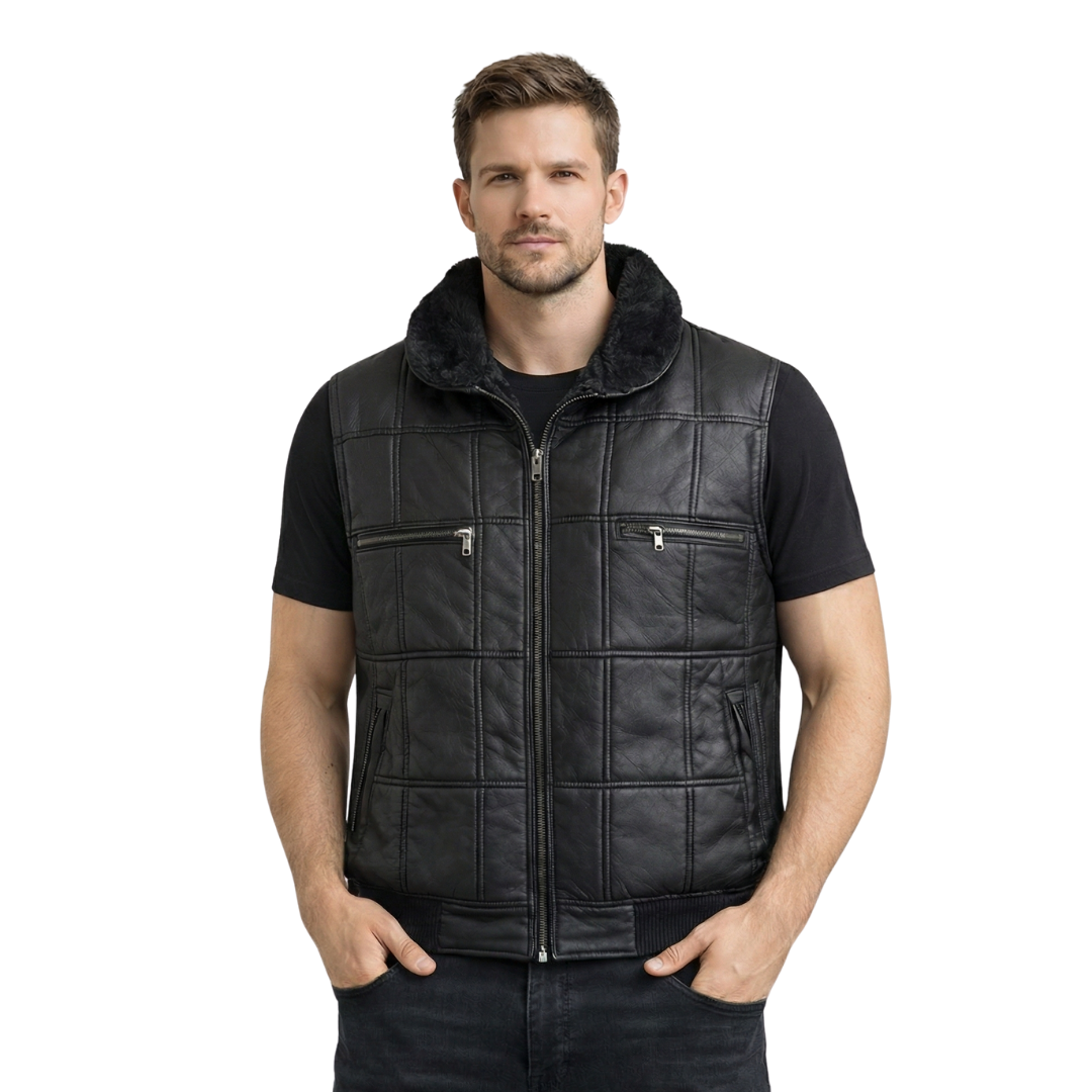 Hakiki Deri Kürklü Yakalı Siyah Yelek