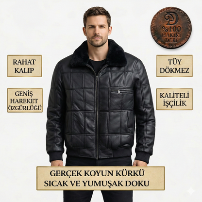 Hakiki Deri Kürklü Siyah Mont