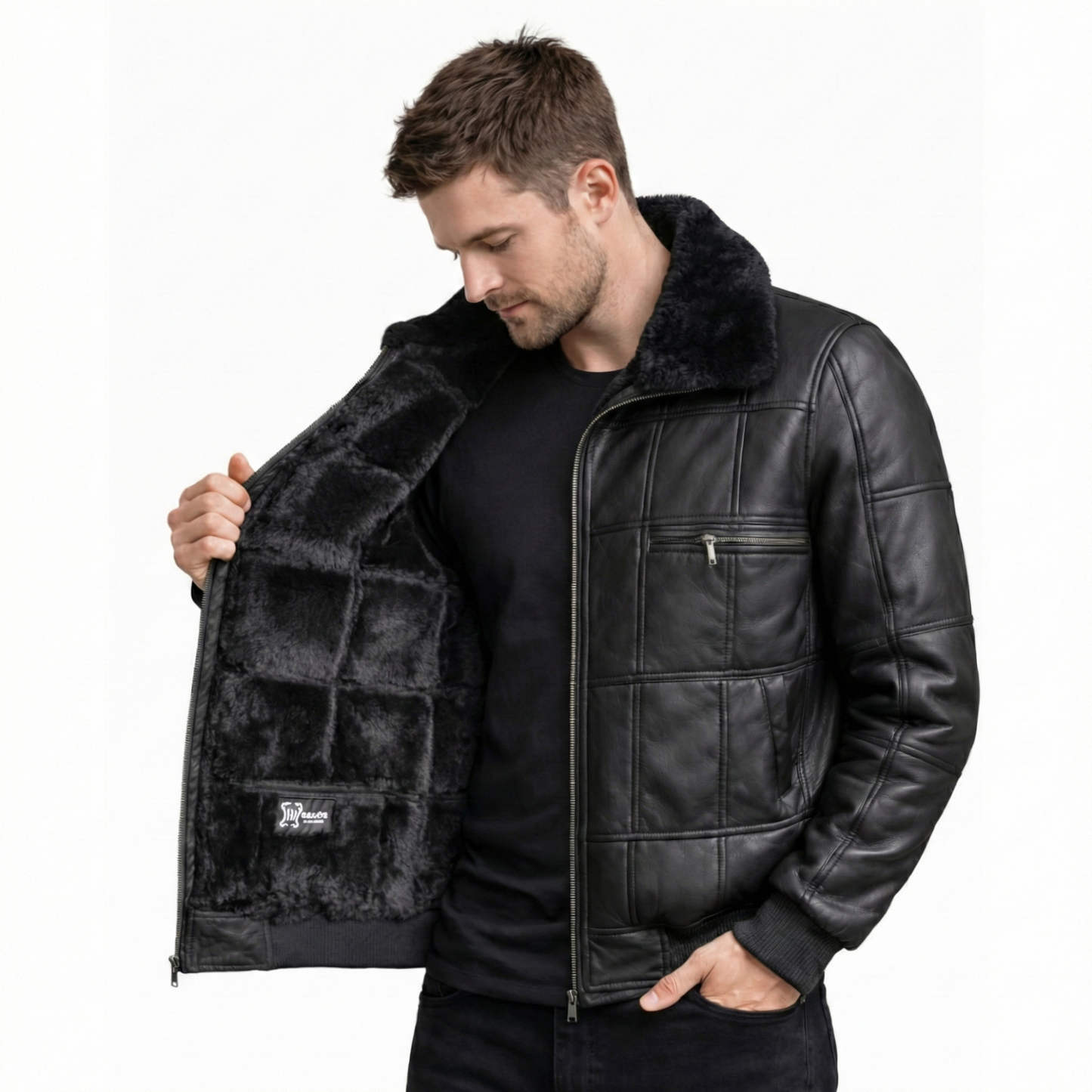 Hakiki Deri Kürklü Siyah Mont